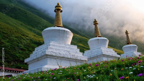 White buddhist stupas stand on a flowering hillside