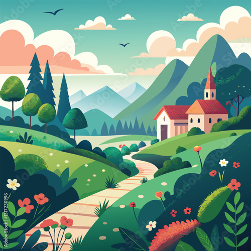 Happy rural life depicted in a colorful digital countryside artwork
