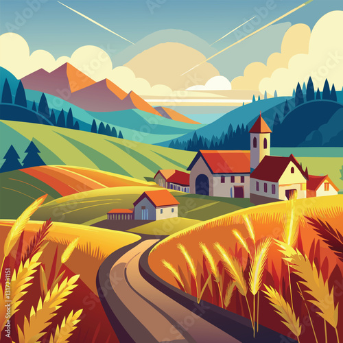 Magical sunset over a picturesque countryside with nature elements