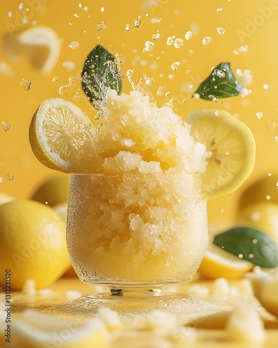 Refreshing Lemon Granita with Water Splashes and Yellow Background