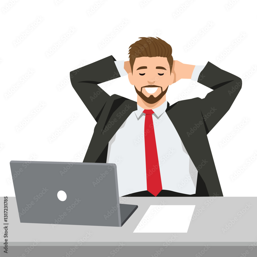 Confident businessman leans back, Relaxation at his desk with a laptop in front of him. Flat vector illustration isolated on white background Confident businessman leans back, Relaxation at his desk with a laptop in front of him. Flat vector illustration isolated on white background