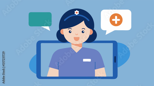 Multilingual Nurse Assist An illustration showing a nurse with a language translation app open on her tablet during a video call with a patient indicating multilingual support in