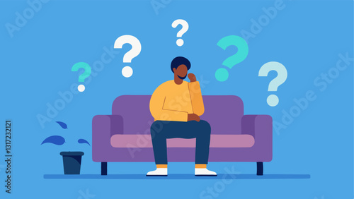 Question Marks A person sitting on a couch surrounded by floating question marks representing confusion and doubt instilled by gaslighting.