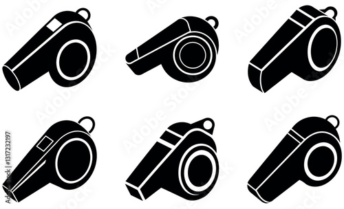 black silhouette illustrations of whistles on a white background.