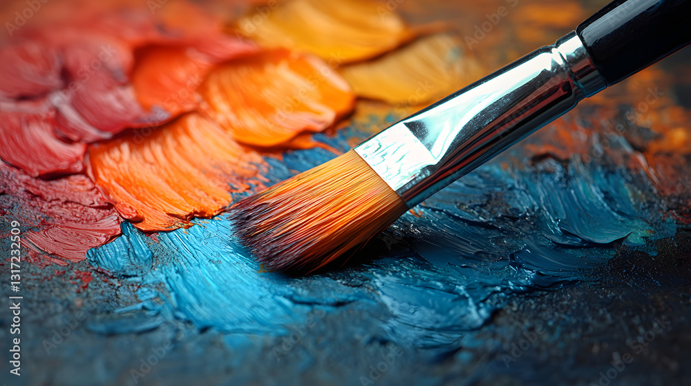 Fototapeta premium Palette of Inspiration: A vibrant artist's palette bursts with colorful paint strokes, alongside a paintbrush. The photo captures the essence of creativity. 