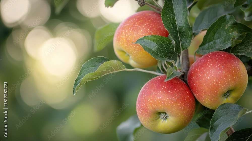 Obraz premium Apples Three ripe apples, red and yellow, grow on a leafy branch