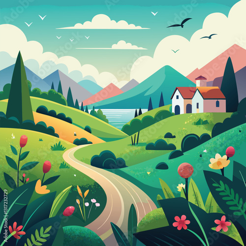 Vibrant nature landscape with a peaceful village and distant mountains