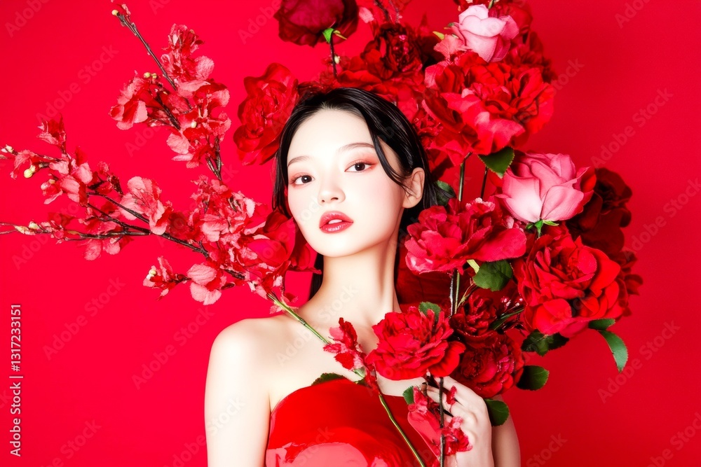 Fototapeta premium Valentine's day greeting from woman or for woman. Remarkable dazzling, image of gorgeous loving asian adolescent girl - commercial marketing creative design. Heartwarming love.