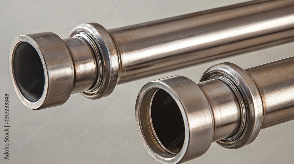 Fototapeta premium Two metal pipes with flared ends, one slightly larger, against a neutral background