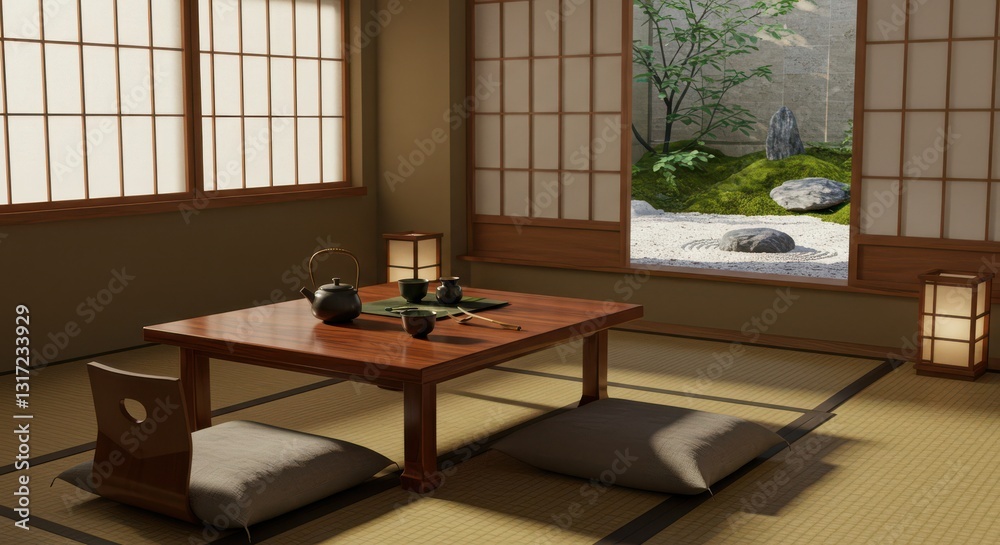 Fototapeta premium Japanese Tea Ceremony Setup in a Traditional Room with Garden View