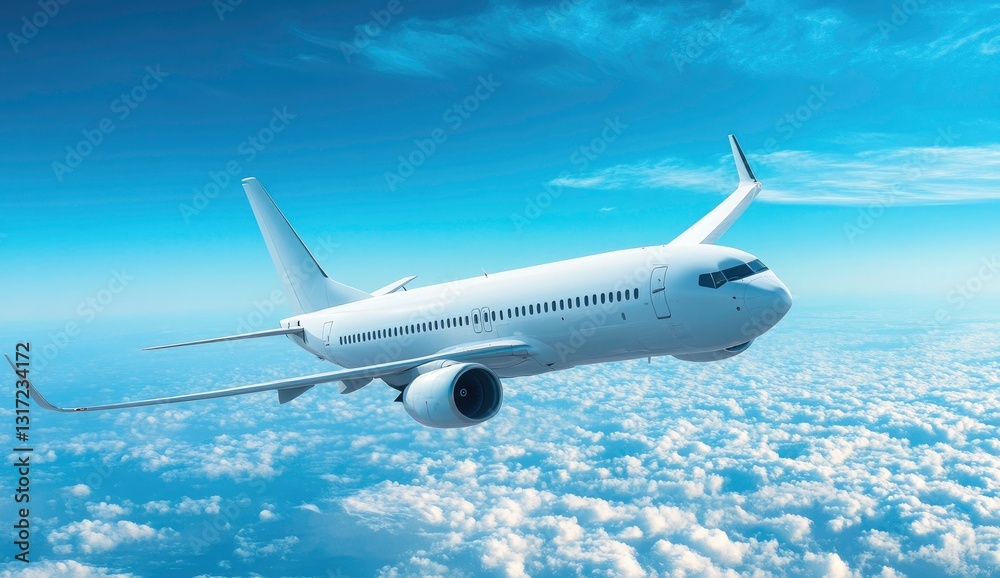 Fototapeta premium White Airplane Soaring Above Fluffy Clouds