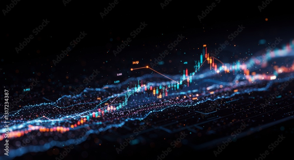 Fototapeta premium Abstract Financial Data Visualization - Glowing landscape depicting market data, showcasing trends and fluctuations in a dynamic visualization