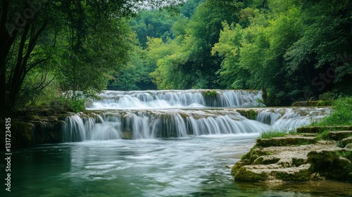 Serene river cascading through lush green forest creating a tranquil waterfall scene