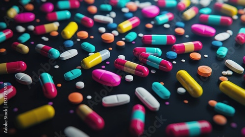 Array of multi-colored pills & capsules on dark surface