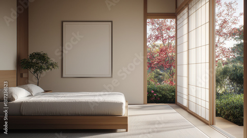 serene bedroom with wooden bed, large windows, and view of nature