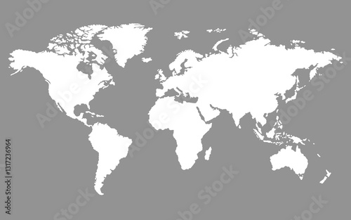 Flat world map with silhouettes of continents. Global world map white gray background