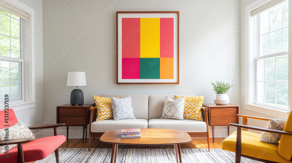 Fototapeta premium Bright and modern living room with colorful artwork and furniture