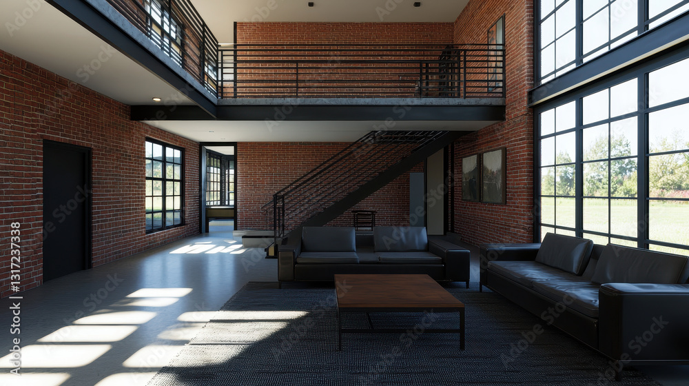 Obraz premium Modern industrial interior with brick walls and large windows