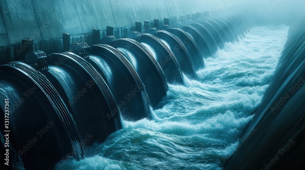 Fototapeta premium Water flowing through large industrial pipes at a dam, mist rising, showcasing engineering power