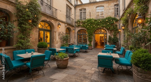 Charming Courtyard Restaurant Patio - A picturesque outdoor restaurant patio nestled within a charming stone courtyard, adorned with lush greenery and string lights