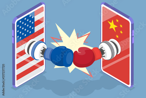 3D Isometric Flat Vector Illustration of Technology War between US And China , Global Chip Shortage Srisis