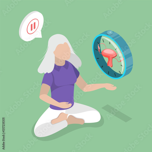 3D Isometric Flat Vector Illustration of Aging and Menopause, Elderly Woman Facing Ticking Fertility Clock