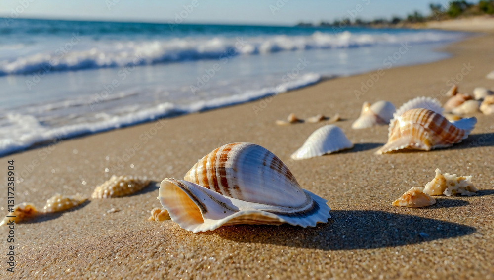 Seashells on sandy shores with gentle waves in the background. Seashells on sandy shores with gentle waves in the background.