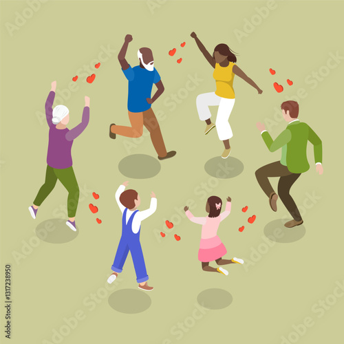 3D Isometric Flat Vector Illustration of Having Fun Together, Three Generations Of Family Jumping And Laughing Joyfully