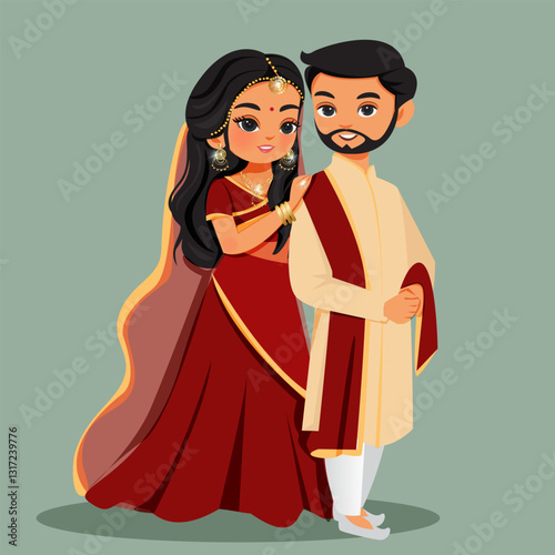 Indian Bride and Groom in Traditional Attire – Saree and Kurta | Wedding Invitation Illustration