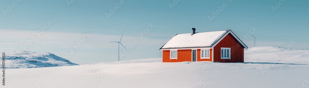 A solitary red cabin stands in a snowy landscape, with a wind turbine visible in the background under a clear blue sky. A solitary red cabin stands in a snowy landscape, with a wind turbine visible in the background under a clear blue sky.