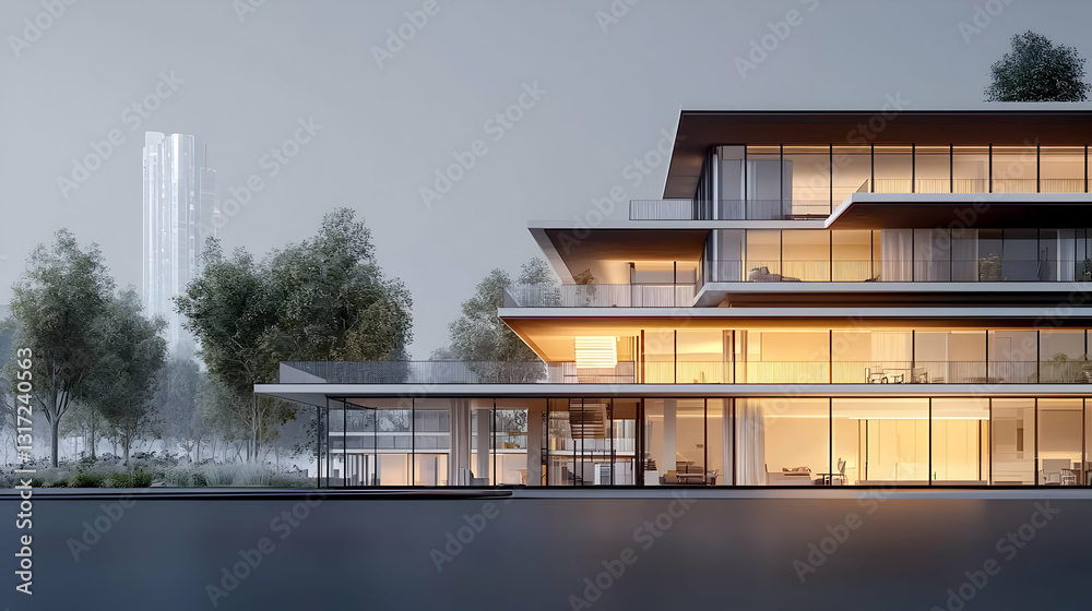 Modern Geometric Luxury Home Exterior At Dusk With Illuminated Windows And Lush Landscaping 3D Rendering Modern Geometric Luxury Home Exterior At Dusk With Illuminated Windows And Lush Landscaping 3D Rendering