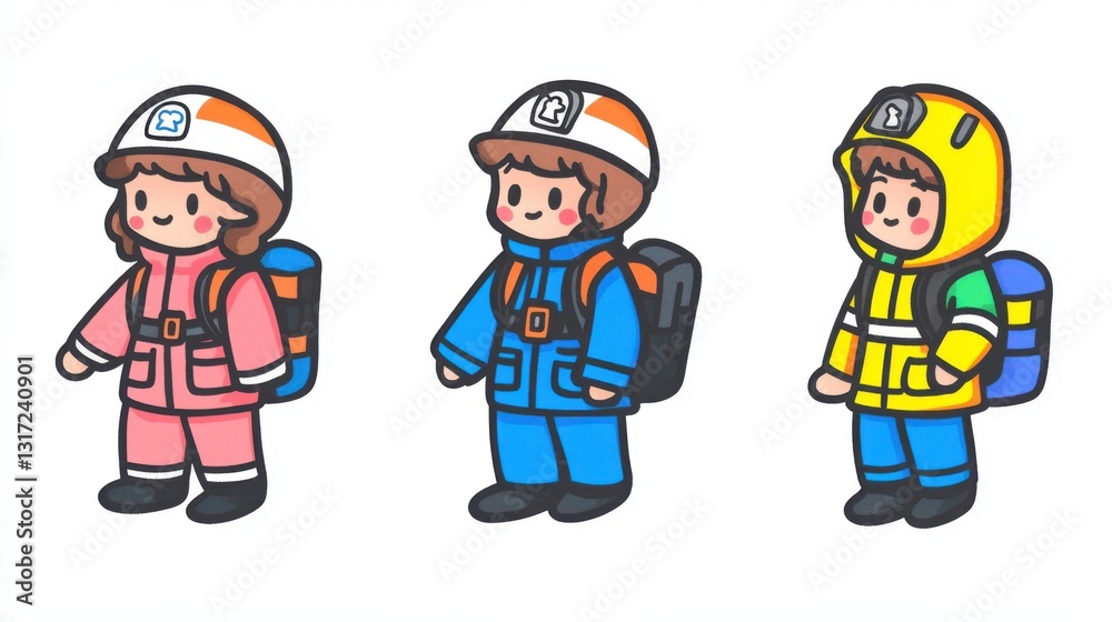 Three Cute Cartoon Characters in Colorful Safety Gear with Backpacks for Work or Outdoor Activities Three Cute Cartoon Characters in Colorful Safety Gear with Backpacks for Work or Outdoor Activities