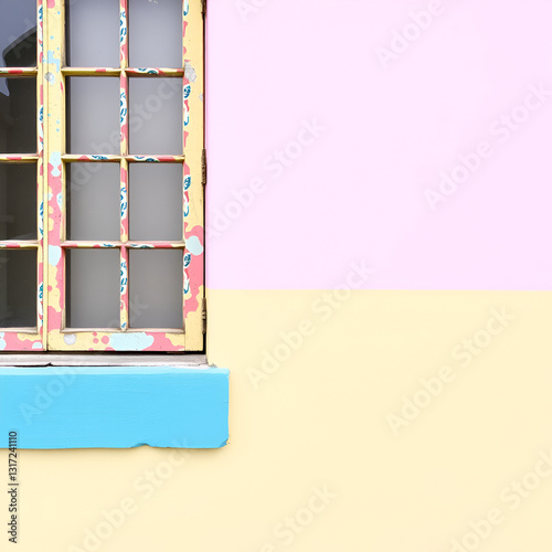 A colorful window contrasts with the wall.
