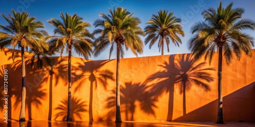 Palm trees cast long shadows on a warm orange wall  creating a serene and minimalist landscape.