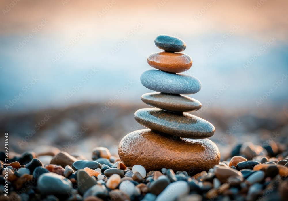 Stacked pebbles symbolizing balance and tranquility on a serene beach Stacked pebbles symbolizing balance and tranquility on a serene beach