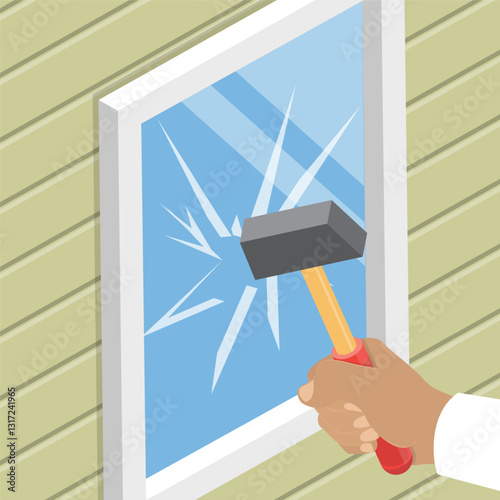 3D Isometric Flat Vector Illustration of Vandalism, Smashing Window With Hammer
