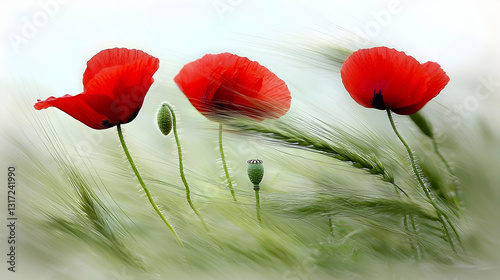 Three red poppies swaying in a barley field, gentle breeze, summer nature scene, ideal for cards or calendars