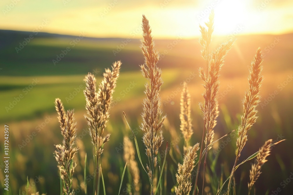 Fototapeta premium Golden Grass at Sunset, Rustic Countryside Scene