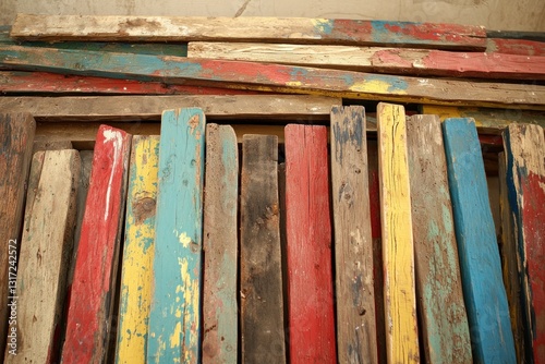 Colorful, weathered wood planks stacked unevenly create a textured background