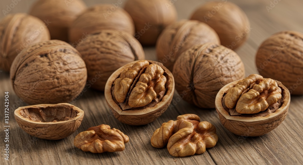 Delicious Walnuts on Wooden Surface - Close-up of walnuts in their shells and shelled, scattered on a rustic wooden surface. Healthy snack, rich in nutrients