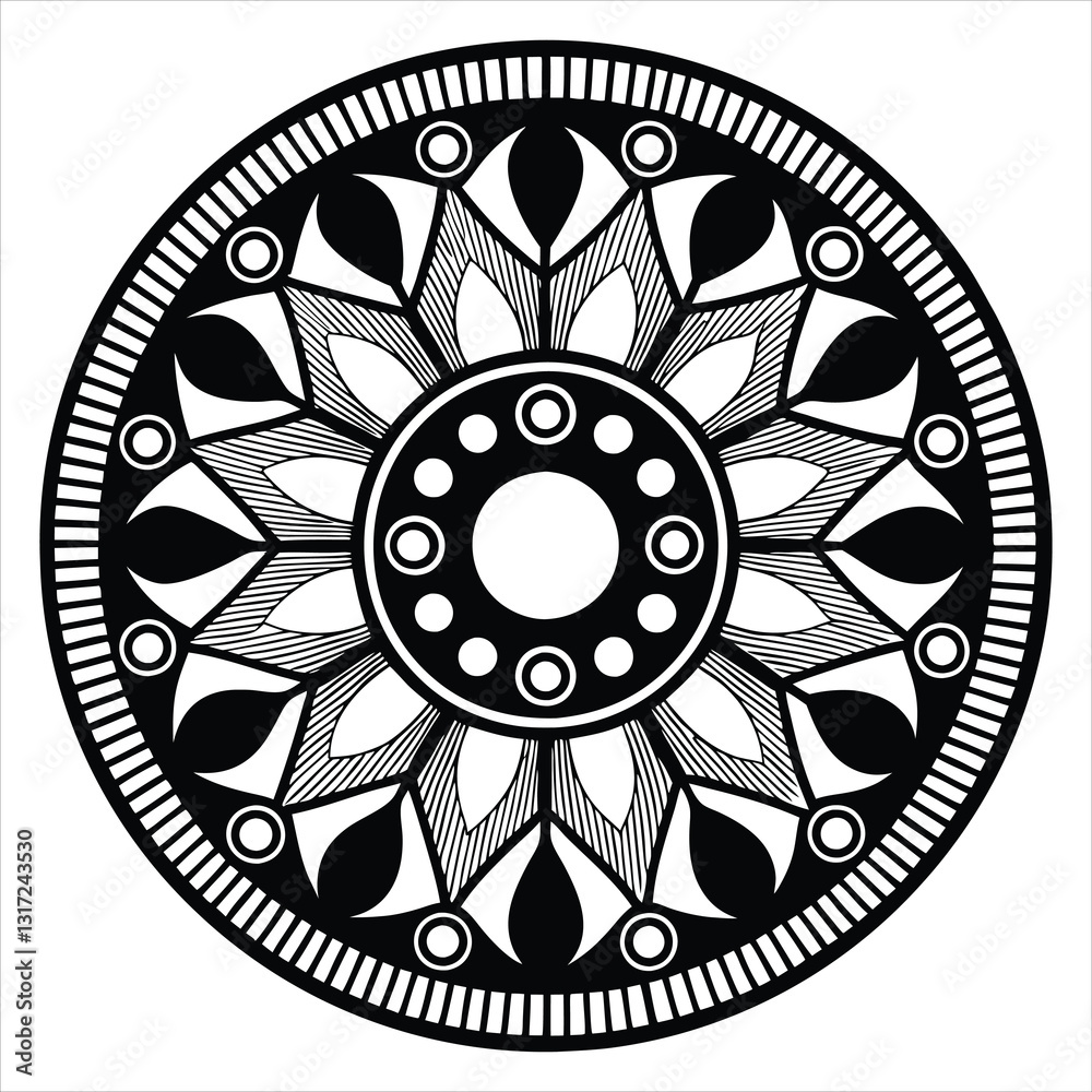 A minimalist mandala with a central circular motif,
surrounded by concentric layers of simplistic shapes like squares, triangles,
and petals. The black line art is clean and bold,
standing against
A minimalist mandala with a central circular motif,
surrounded by concentric layers of simplistic shapes like squares, triangles,
and petals. The black line art is clean and bold,
standing against