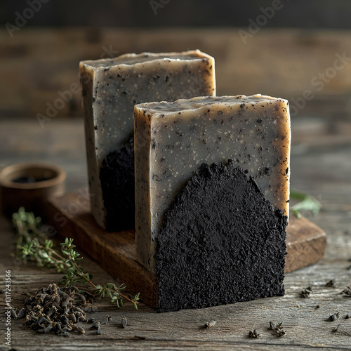 Charcoal detox soap bars with activated bamboo charcoal on wood