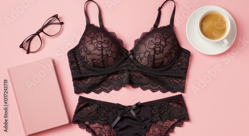 Elegant Black Lace Lingerie Set - Luxury black lace bra and panty set on pink background, styled with coffee and glasses. Perfect for a romantic mood