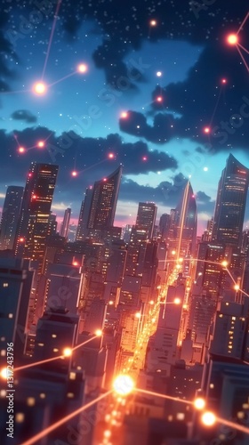 Urban city at night blended with a celestial ensemble of digital elements and lines, reflecting innovation and cosmic urban interactions. photo
