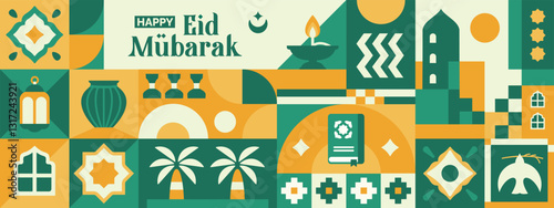 abstract geometric pattern of eid al fitr, ramadan kareem with arabic city landscape and various bright colored islamic icons and symbols
