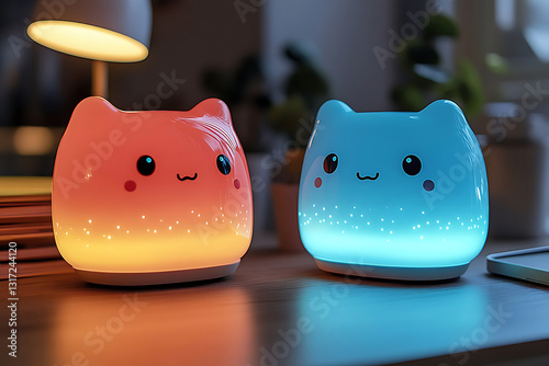 Cute nightlights in red and blue lighting up dark room
