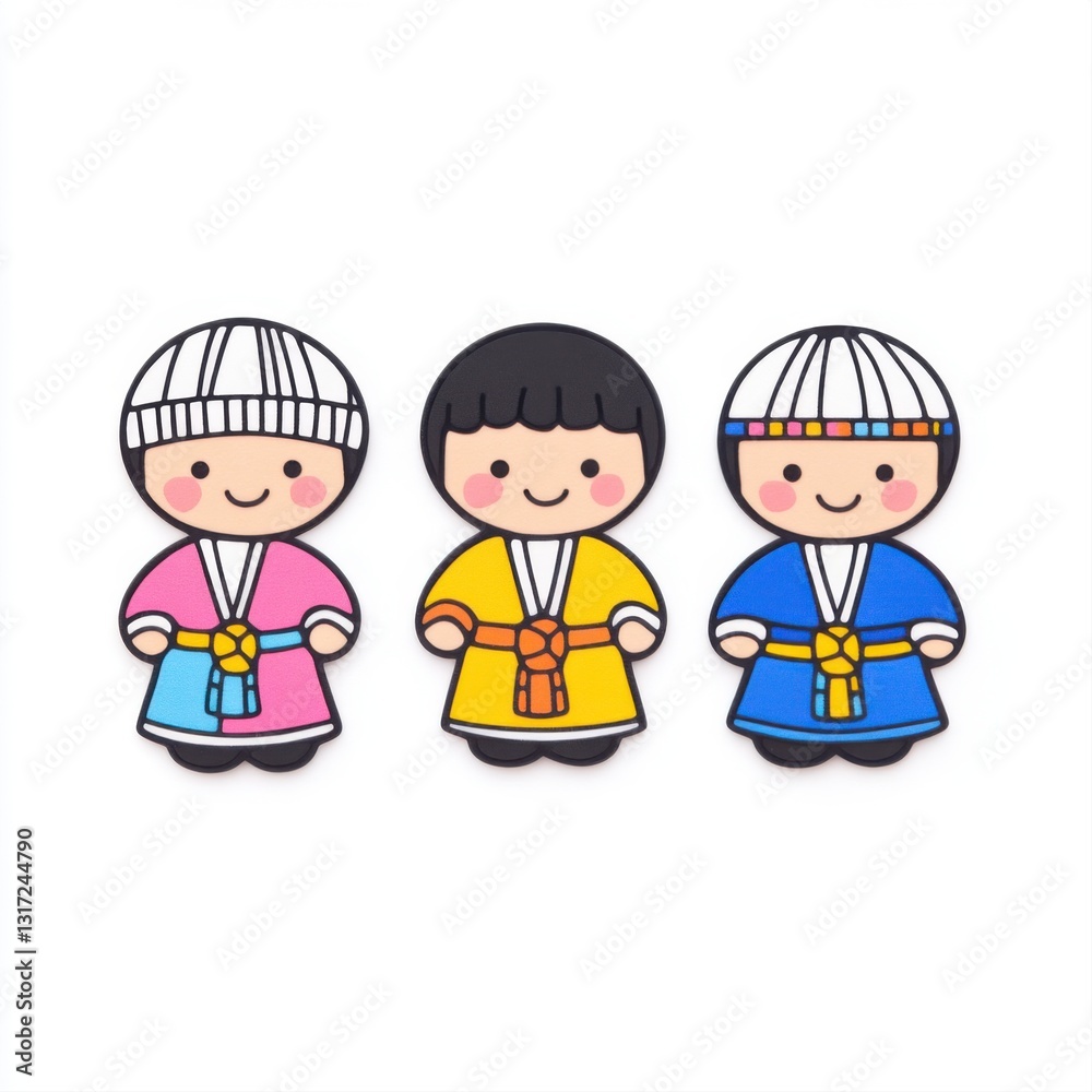 Cute Cartoon Characters in Traditional Attire Smiling with Colorful Costumes and Unique Hairstyles Cute Cartoon Characters in Traditional Attire Smiling with Colorful Costumes and Unique Hairstyles