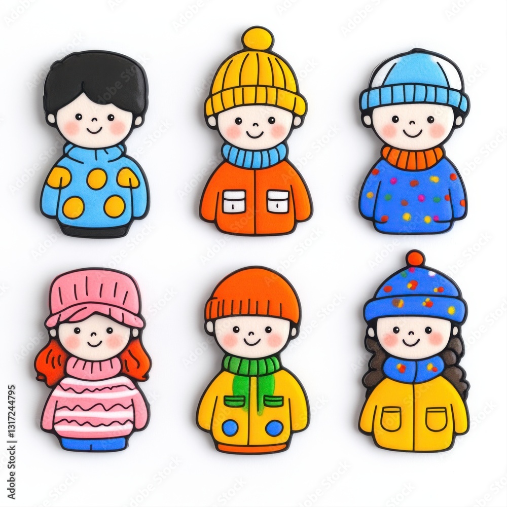 Cute Cartoon Characters in Colorful Winter Clothing Smiling with Joyful Expressions and Various Accessories Cute Cartoon Characters in Colorful Winter Clothing Smiling with Joyful Expressions and Various Accessories