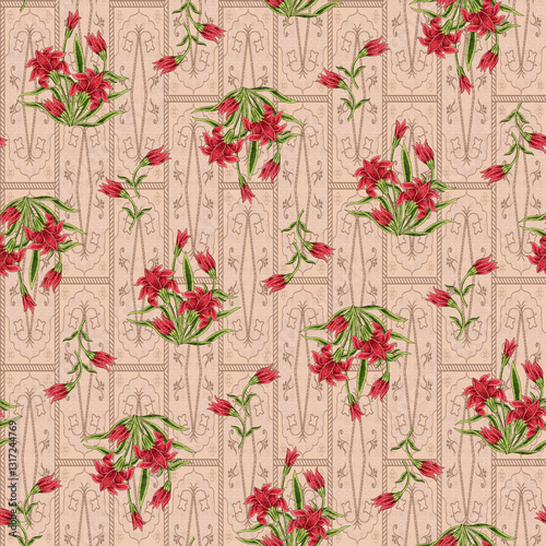 Abstract seamless color full paisley flower leaf mughal motif bunch pattern