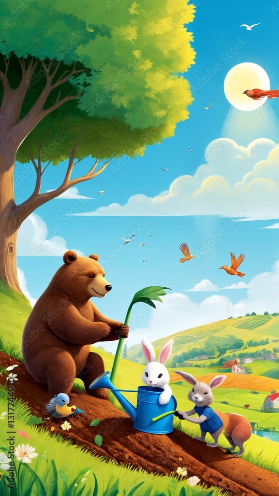 Fototapeta premium A painting of a bear and two rabbits watering a tree.